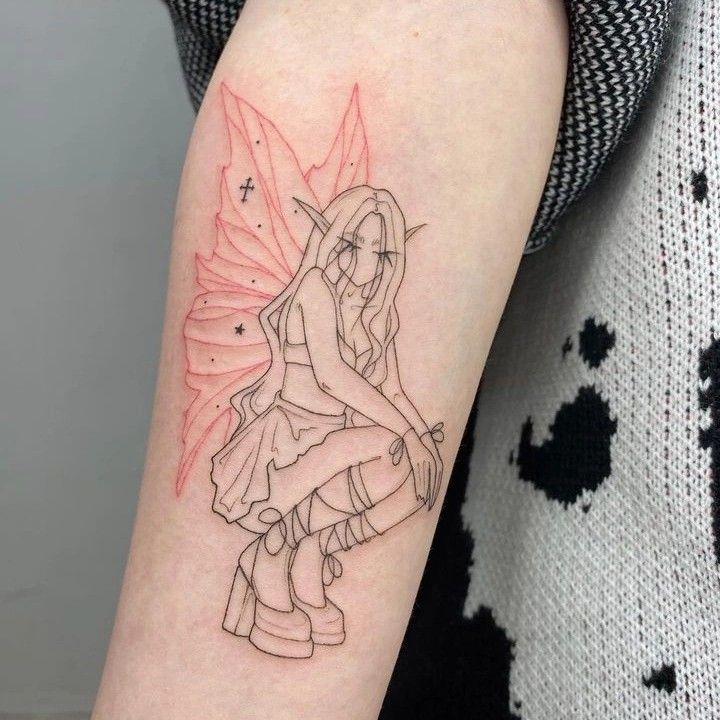 Delicate fairy tattoo with pink wings and elf ears on forearm, showcasing intricate line art.