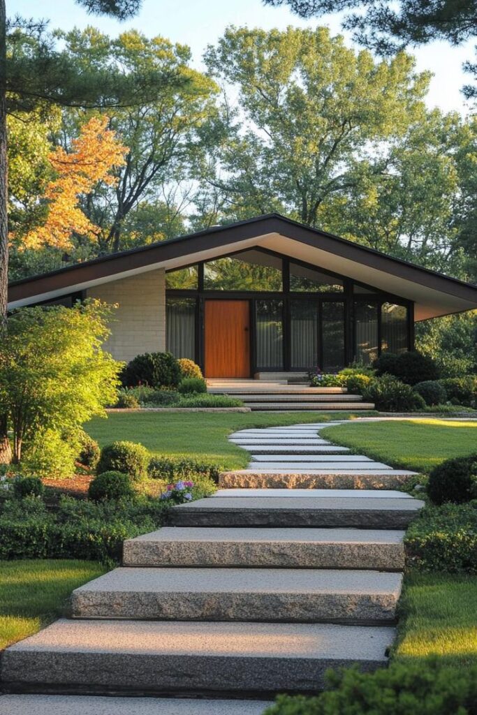 Mid-century modern house with stone path, lush green lawn, and surrounding trees.