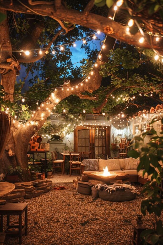 Cozy outdoor patio with string lights, lush greenery, and a fire pit for a tranquil evening ambiance.