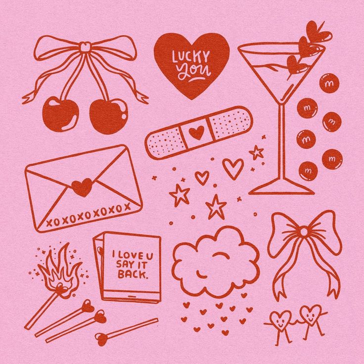 Cute doodles collection with cherries, heart, cocktail, love letter, and stars on a pink background.