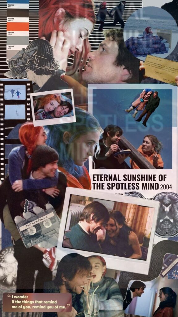 Collage of scenes from the film Eternal Sunshine of the Spotless Mind featuring characters in various emotional moments.