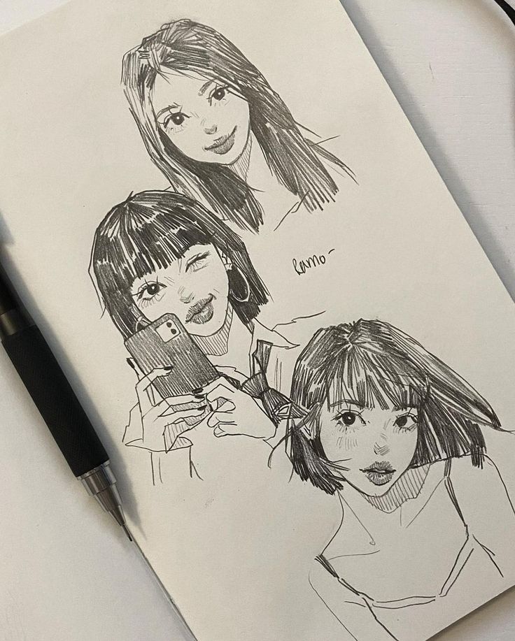 Sketch of three women with different hairstyles and expressions, illustrating pencil art on a sketchbook page.