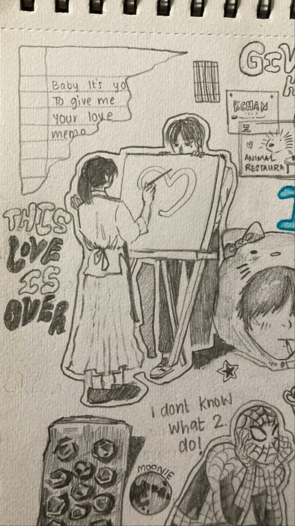 Hand-drawn artwork of people painting a heart, with text saying This love is over and other doodles.