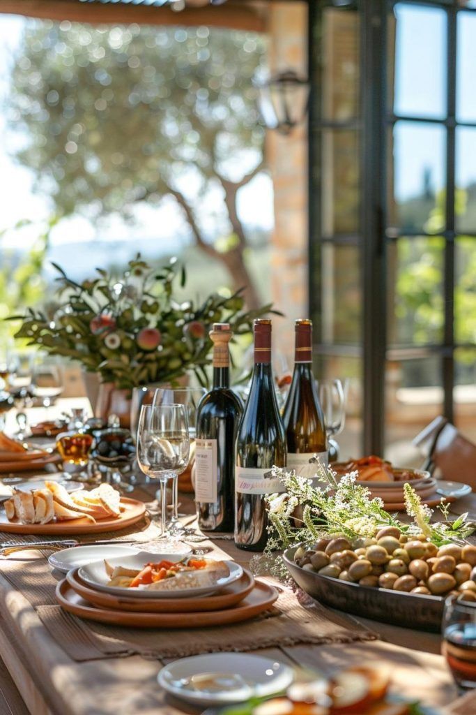 Elegant outdoor dining setup with wine bottles, olives, and bread, perfect for a Mediterranean gathering.