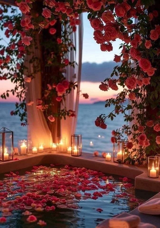 Romantic seaside setting with rose petals, candles, and sunset view over water for a perfect evening ambiance.