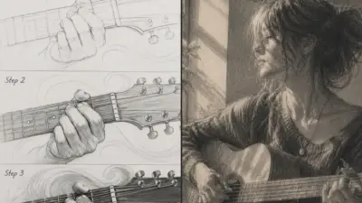 Pencil sketch guitar lesson panels showing chord fingering beside detailed drawing of woman playing acoustic guitar by window