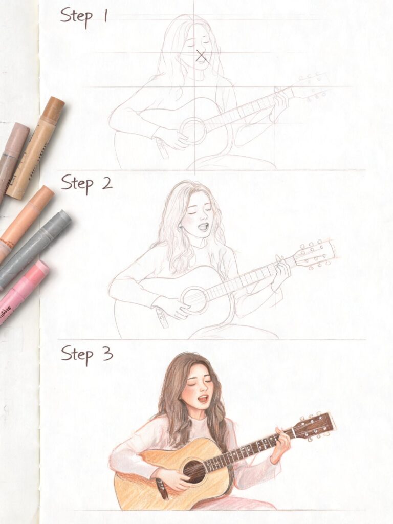 Step-by-step guitar drawing tutorial: pencil sketches to colored illustration of a woman playing acoustic guitar