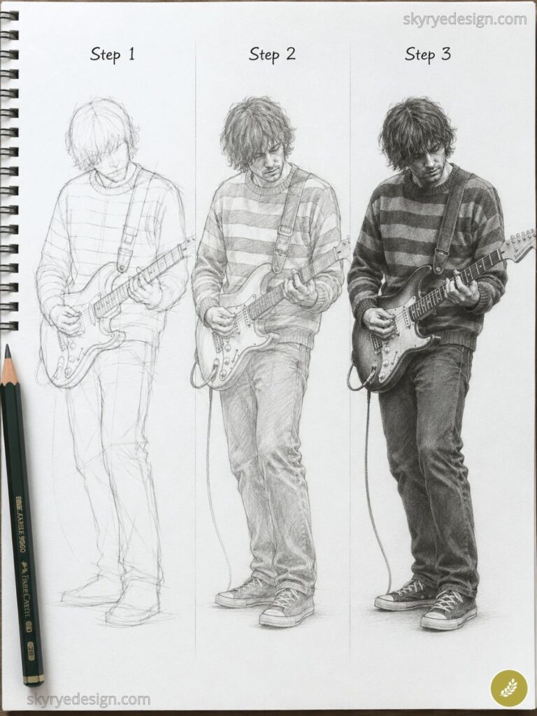 Step-by-step pencil drawing tutorial showing three stages of a guitarist playing an electric guitar in striped sweater