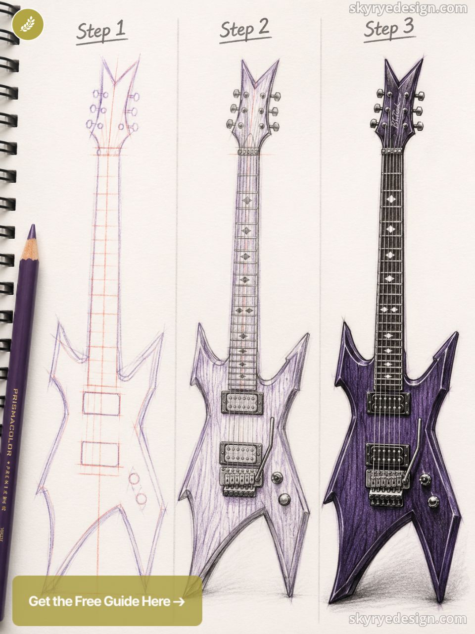 Step-by-step electric guitar drawing tutorial showing pencil grid, detailed sketch, and finished purple guitar