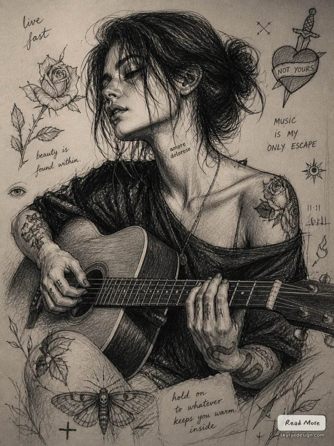 Detailed pencil sketch of a tattooed woman playing acoustic guitar, surrounded by roses, moth, handwritten notes and doodles.