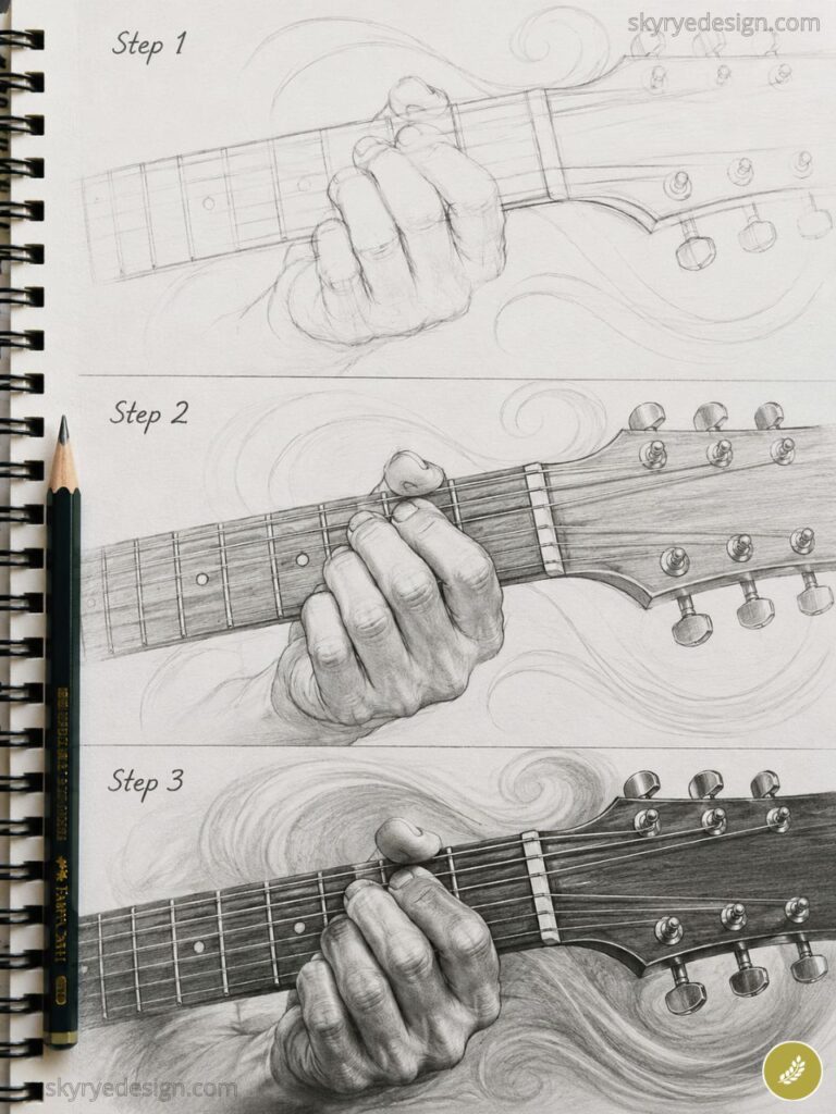 Pencil sketch tutorial showing three-step progression of a hand forming a guitar chord on an acoustic guitar fretboard