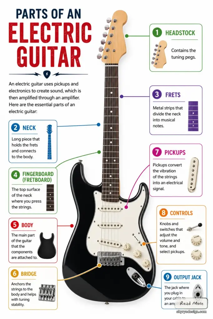 Electric guitar parts diagram: headstock, neck, frets, fingerboard, body, bridge, pickups, controls, output jack