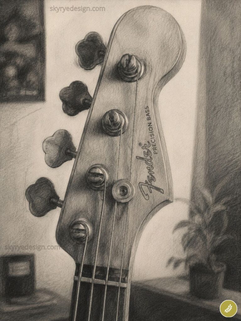 Close-up pencil sketch of Fender Precision Bass headstock with tuning pegs and strings, vintage sepia tone