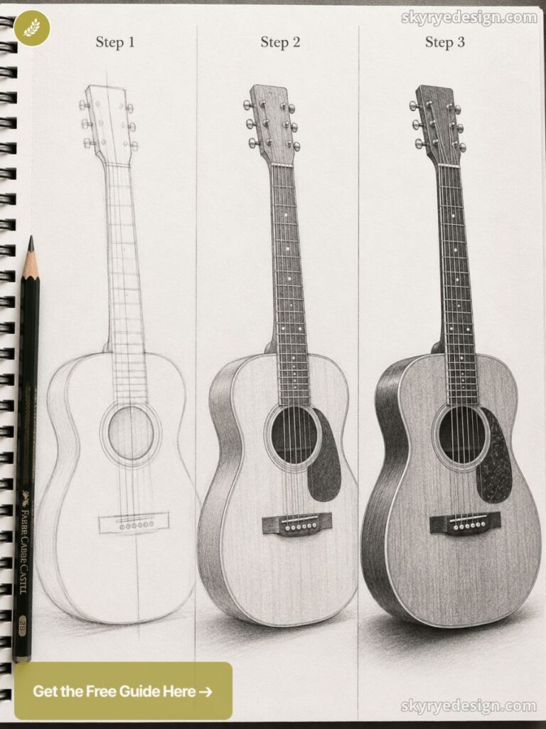 Three-step pencil tutorial showing acoustic guitar sketch progression from outline to detailed shading on sketchbook