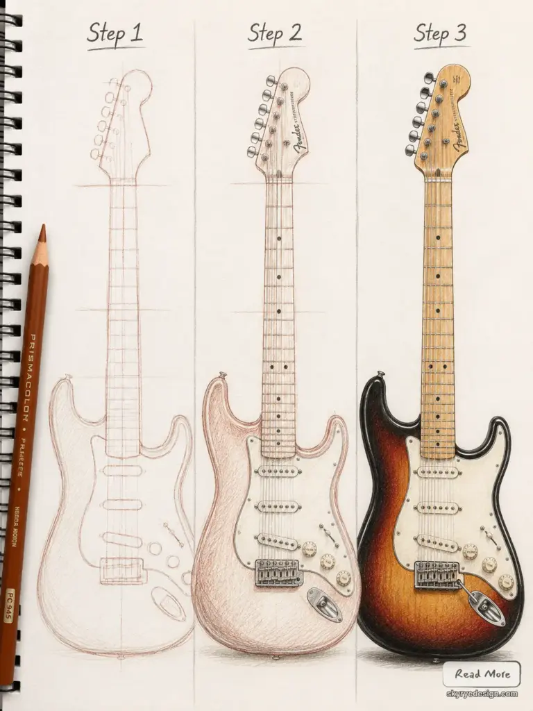 Electric guitar drawing tutorial: three-step pencil sketch to lifelike Fender-style Strat on sketchbook