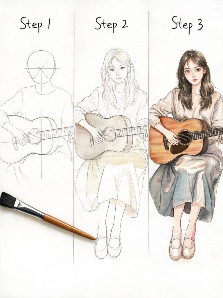 Three-step watercolor guitar drawing tutorial: sketch to full painting of a seated woman playing an acoustic guitar.