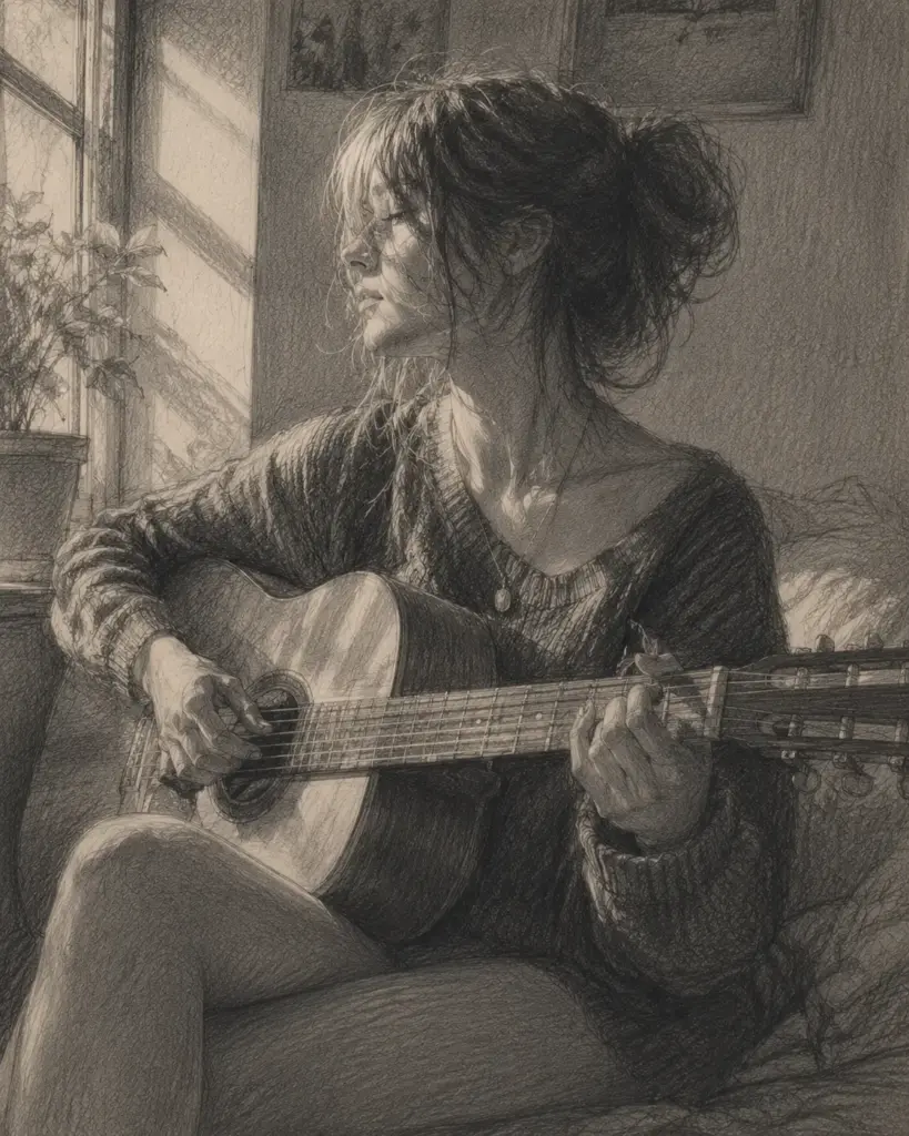 Female musician playing acoustic guitar by sunlit window in cozy room, pencil-sketch portrait capturing relaxed home music