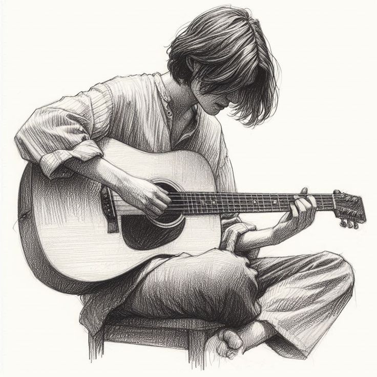 Illustration of a person sitting cross-legged, playing an acoustic guitar with focus and passion.