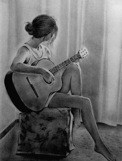 Charcoal drawing of a woman playing guitar, sitting on a stool, exuding a serene and artistic ambiance.