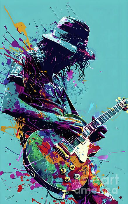 Colorful digital painting of a guitarist in a hat with vibrant splashes of paint on a teal background.