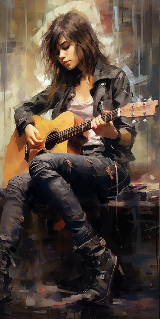 Young woman playing acoustic guitar, wearing a leather jacket and ripped jeans, painting style.