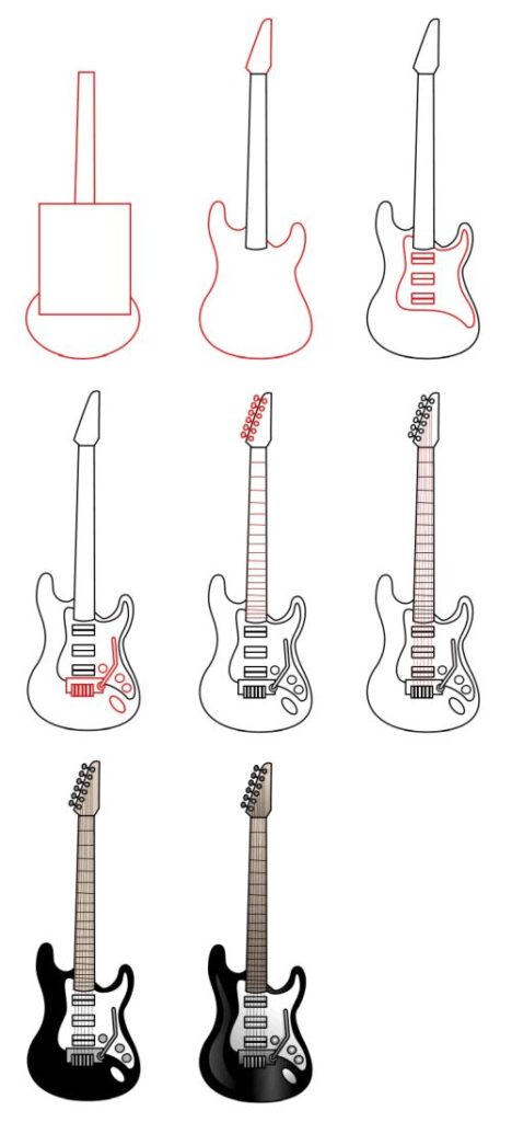 Step-by-step illustration of an electric guitar drawing process from outline to color.