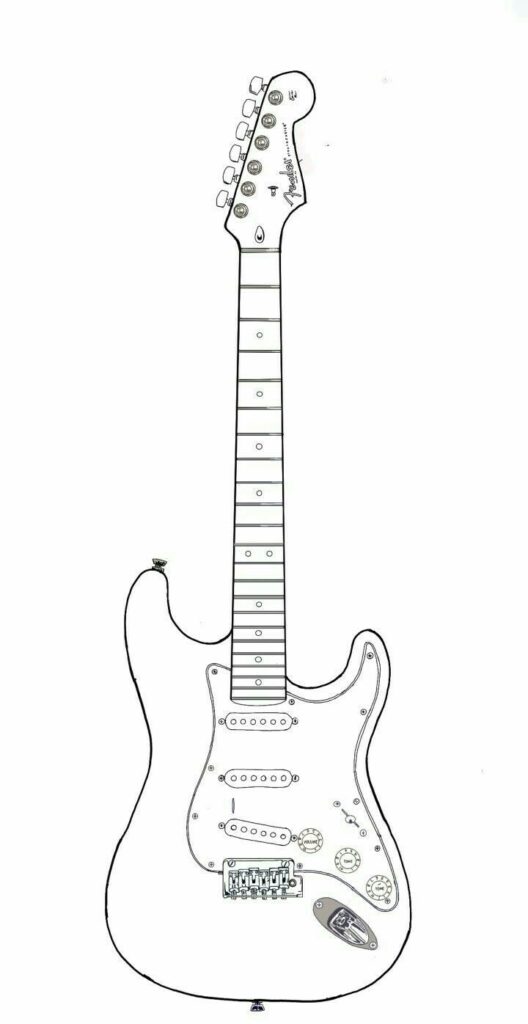 Line art of a classic electric guitar with a white body and intricate details.