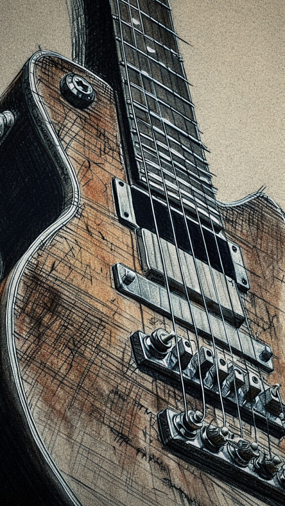 Artistic close-up of electric guitar strings and pickups, emphasizing wood grain texture and intricate details.