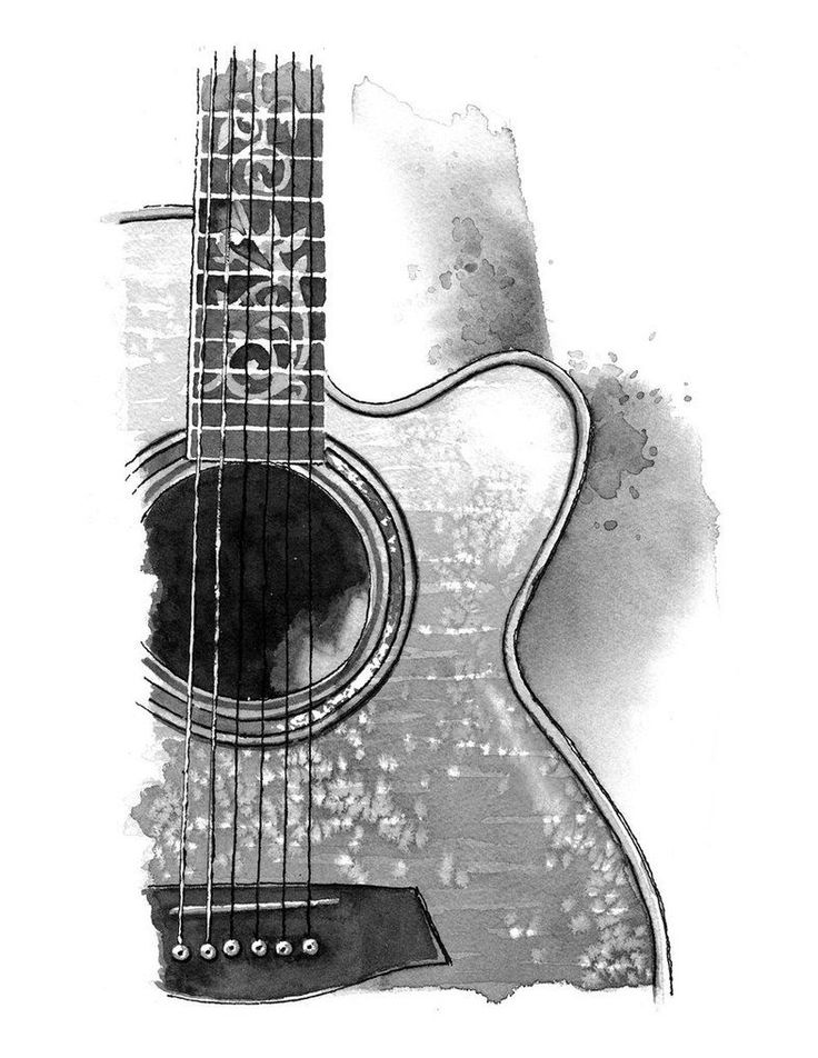 Watercolor painting of an acoustic guitar with intricate floral patterns on the fretboard, showcasing artistic detail.