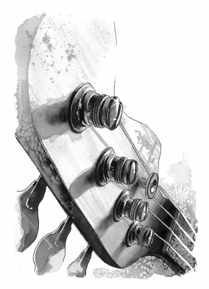 Black and white watercolor of a bass guitar headstock with tuning pegs.