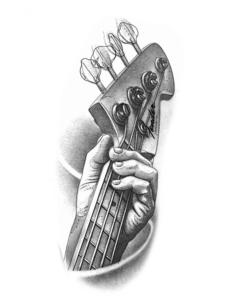 Illustrated hand gripping a guitar neck with visible tuning pegs and swirling lines in the background.