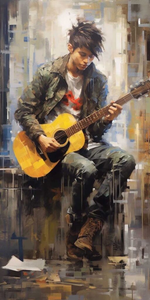 Young musician playing acoustic guitar, wearing a green jacket, in an abstract, artistic background.