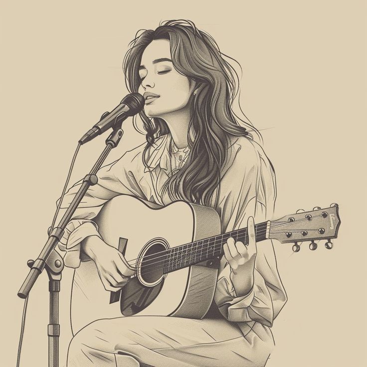 Illustration of a woman singing and playing an acoustic guitar, seated with eyes closed, engaged in her performance.