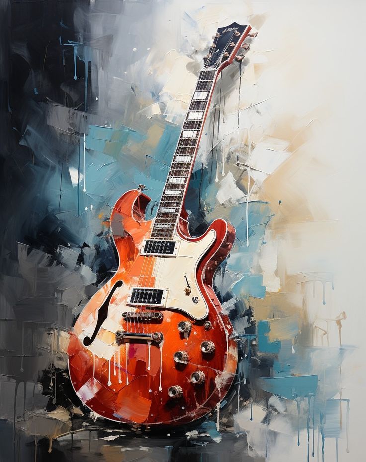 Electric guitar in vibrant abstract painting with bold colors and dynamic brush strokes.