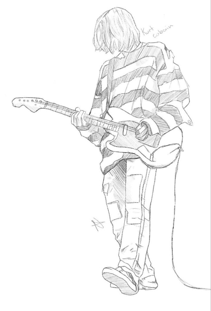 Sketch of a guitarist in striped sweater playing electric guitar, standing pose.