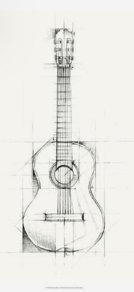 Sketch of a classical guitar with detailed strings and body design on a white background.