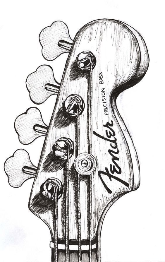 Illustration of a Fender Precision Bass guitar headstock with tuning pegs and logo in black and white.