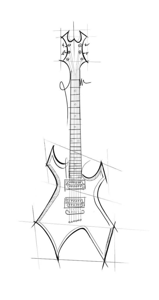 Line art sketch of an electric guitar with a distinctive jagged body design on a white background.