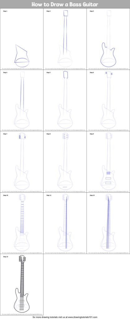 Step-by-step guide on drawing a bass guitar, showcasing each stage of the illustration process.