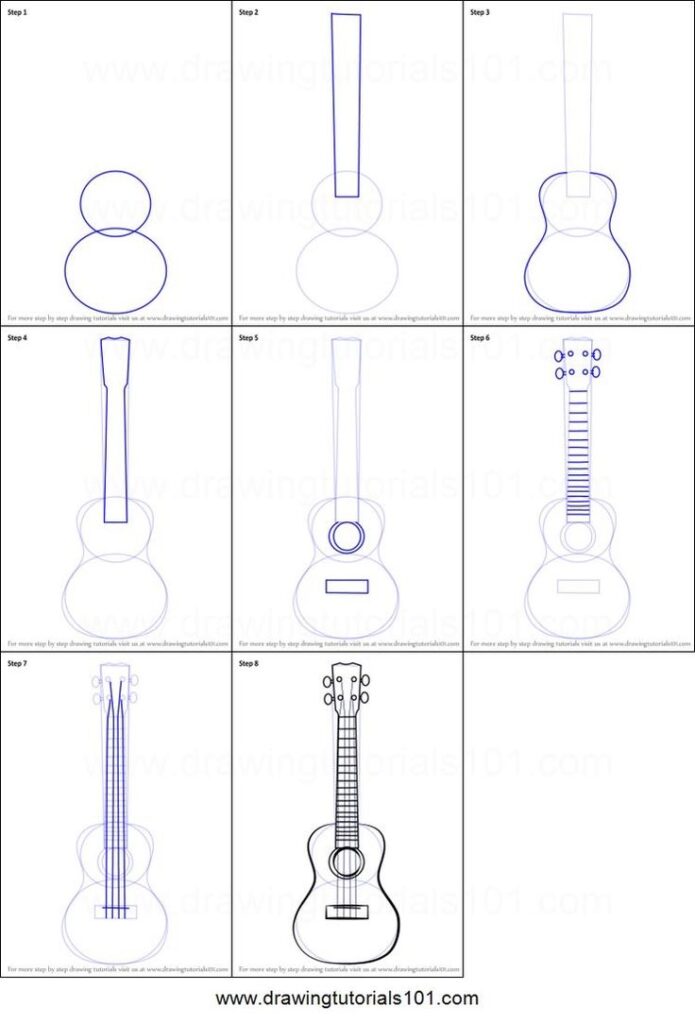 Step-by-step guide to drawing a guitar from basic shapes to detailed features.