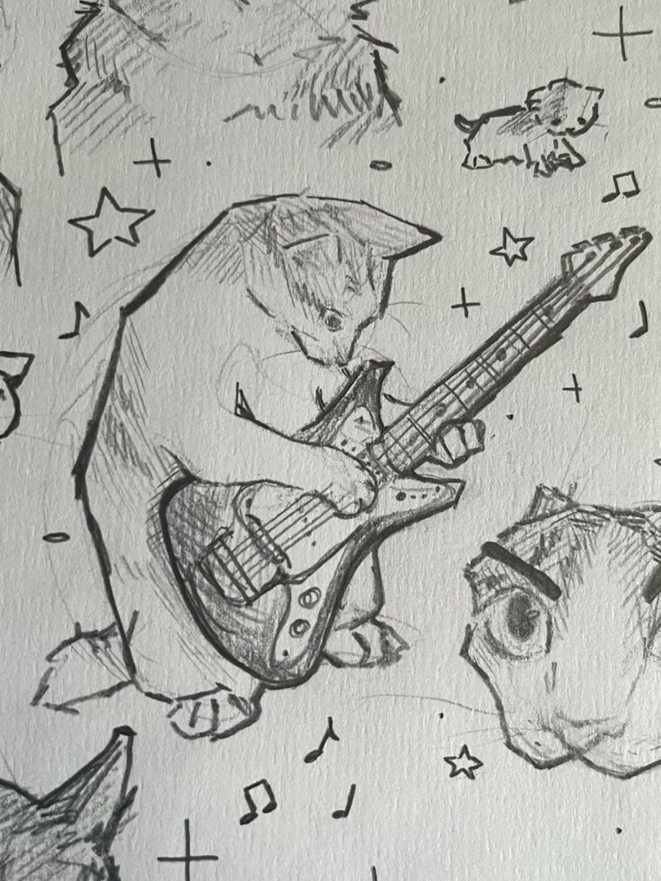 Sketch of a cat playing an electric guitar with musical notes and stars around. Whimsical and artistic drawing.