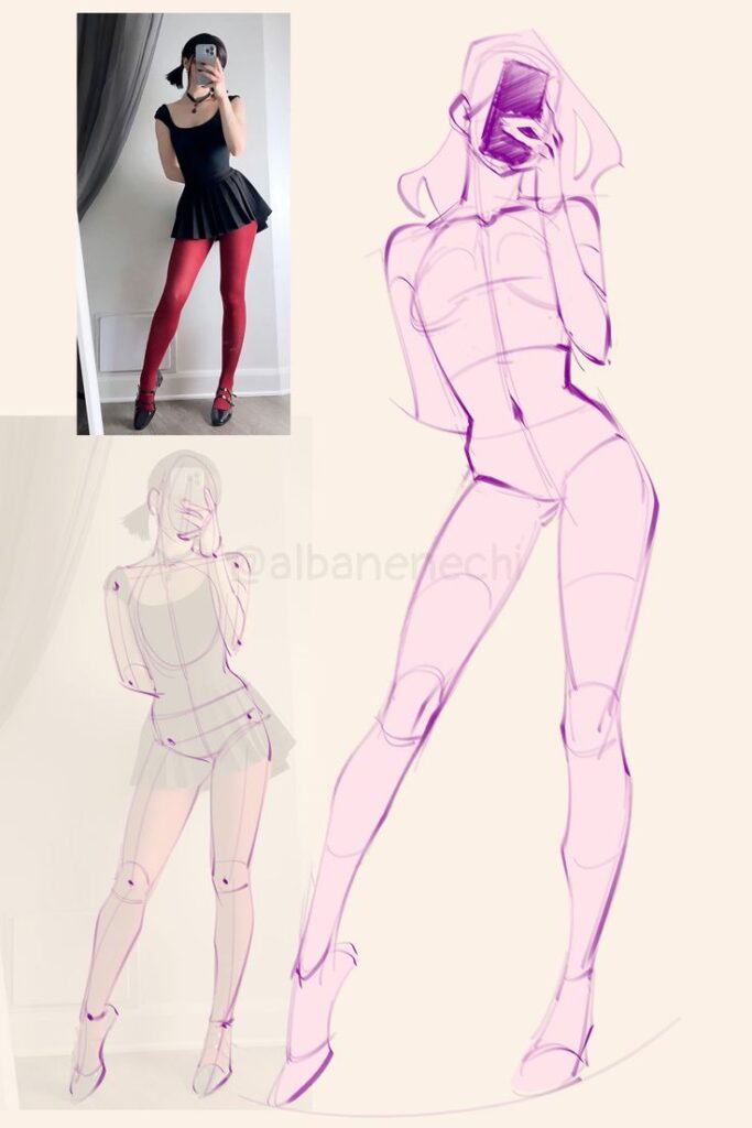 Fashion sketch and photo reference of a woman in black dress with red tights, taking selfie, artistic illustration.