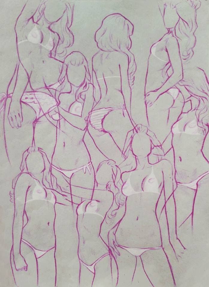 Sketches of women in bikinis, showing various poses and angles, drawn with pink outlines on paper.