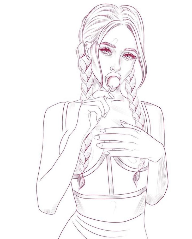 Illustration of a woman with braids enjoying a lollipop, wearing a stylish top, in a minimalistic art style.