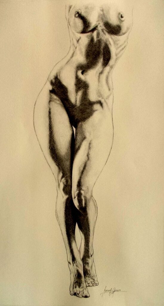 Charcoal drawing of a female nude torso, showcasing artistic detail and shading.