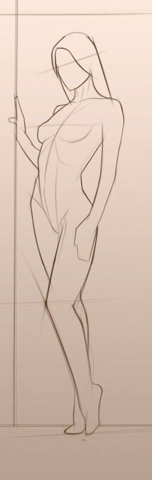 Sketch of a standing woman in a pose with one arm on a pole, showcasing artistic anatomy and figure drawing skills.