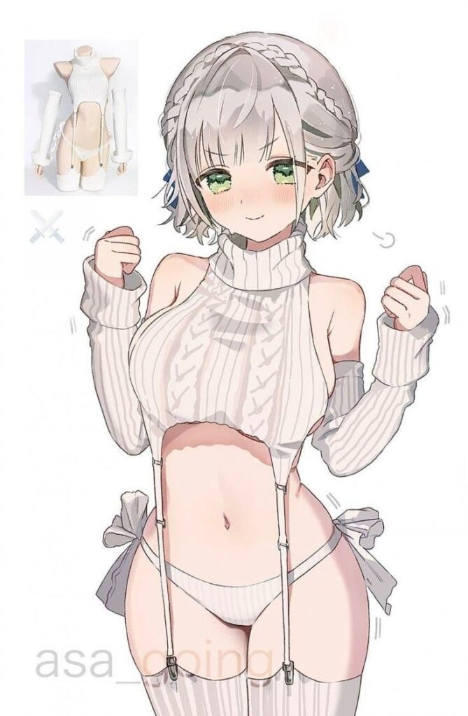 Anime girl in white knit outfit with cropped top and garters, smiling confidently, detailed and colorful illustration.