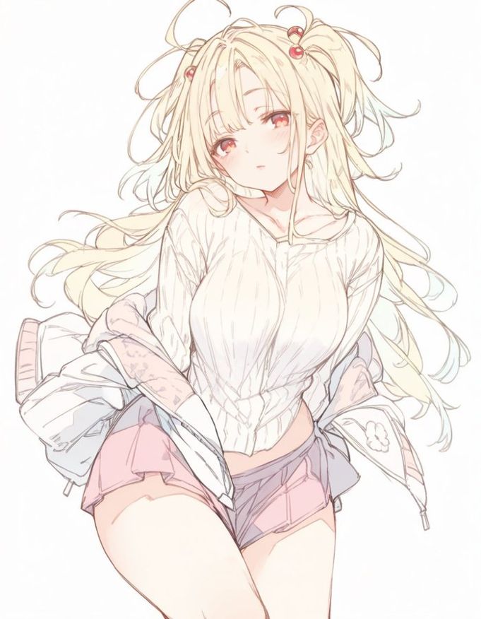 Anime girl with long blonde hair, wearing a white sweater and pink skirt, looking to the side with a gentle expression.