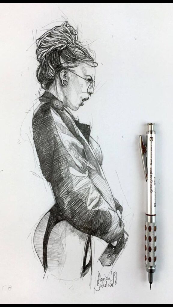 Sketch of a woman with a bun and glasses, alongside a mechanical pencil, detailed pencil artwork.