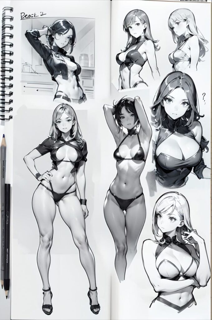 Anime character sketches in swimwear on sketchbook, featuring various poses and expressions.